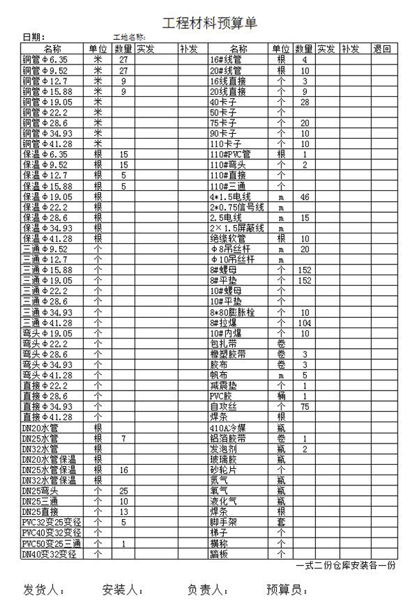 三菱电机中央空调材料预算单
